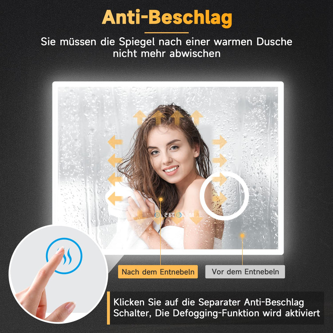 Badspiegel mit LED-Beleuchtung 80x60 cm Uhr Temperatur Antibeschlag - Bild 3