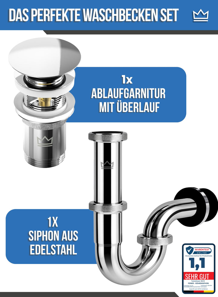 Waschbecken Ablaufgarnitur mit Siphon Edelstahl Komplett-Set mit Überlauf - Bild 2