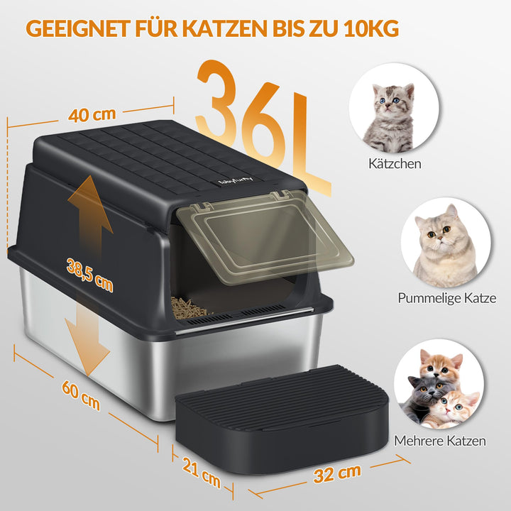 Katzentoilette Edelstahl XXL 3-in-1 mit Klappdeckel 60x40x38,5cm - Bild 5