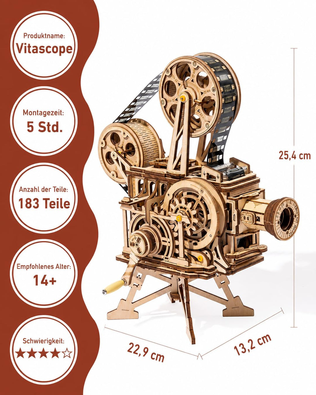 Holzmodell Filmprojektor mit Handkurbel Vintage-Mechanik 172 Teile - Bild 3