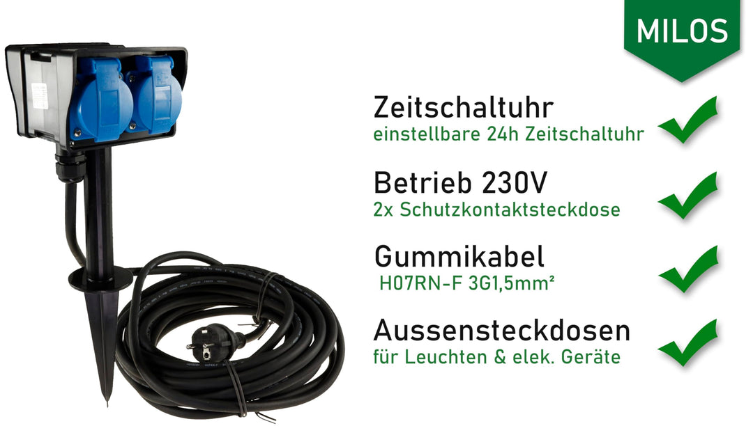 Gartensteckdose 2-fach mit Zeitschaltuhr und 10 m Kabel, IP44 - Bild 7