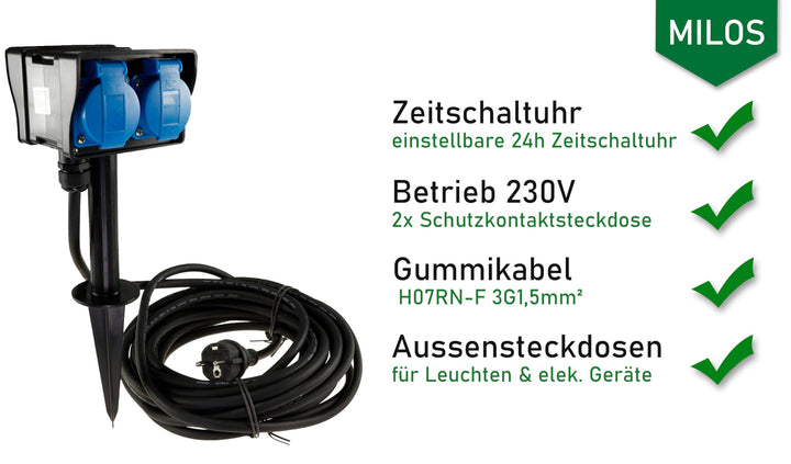 Gartensteckdose 2-fach mit Zeitschaltuhr und 10 m Kabel, IP44 - Bild 7