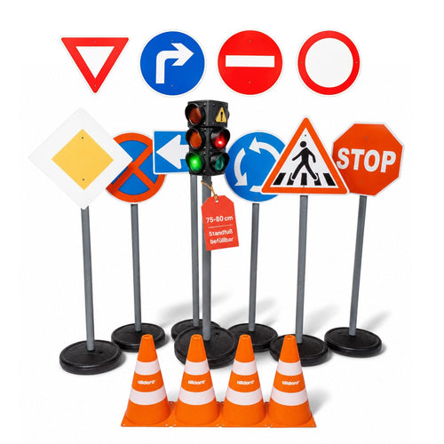 Verkehrsset XXL Kinder mit Ampel, 10 Schilder & 4 Pylonen