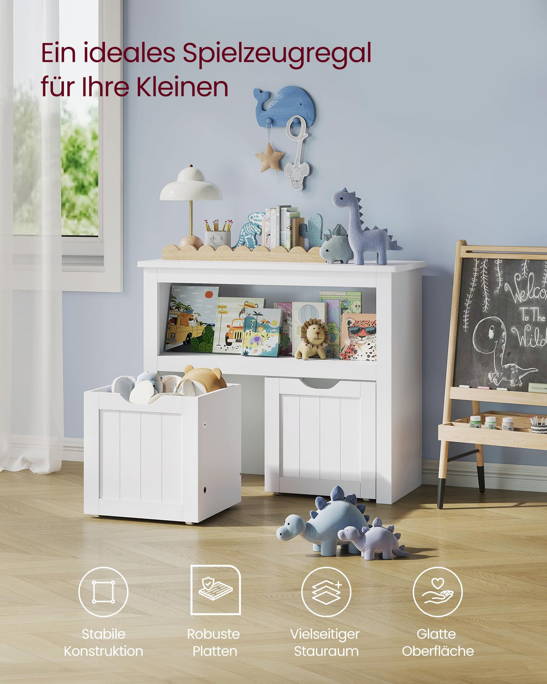 Kinderregal mit Rollboxen 72x60 cm Holz Weiss Spielzeugaufbewahrung - Bild 3