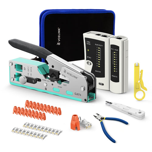Netzwerk Werkzeug Set RJ45/RJ11/RJ12 mit Crimper, Tester & Tasche