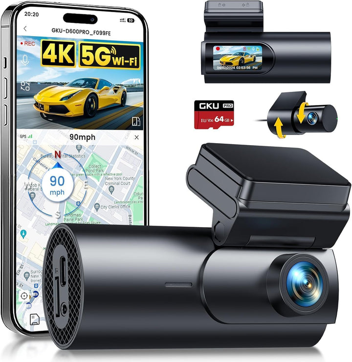 Dashcam Vorne Hinten 4K+1080P mit 5.8GHz WiFi GPS und 64GB SD