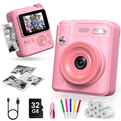 Sofortbildkamera Kinder mit Drucker 1080P IPS 32GB Rosa