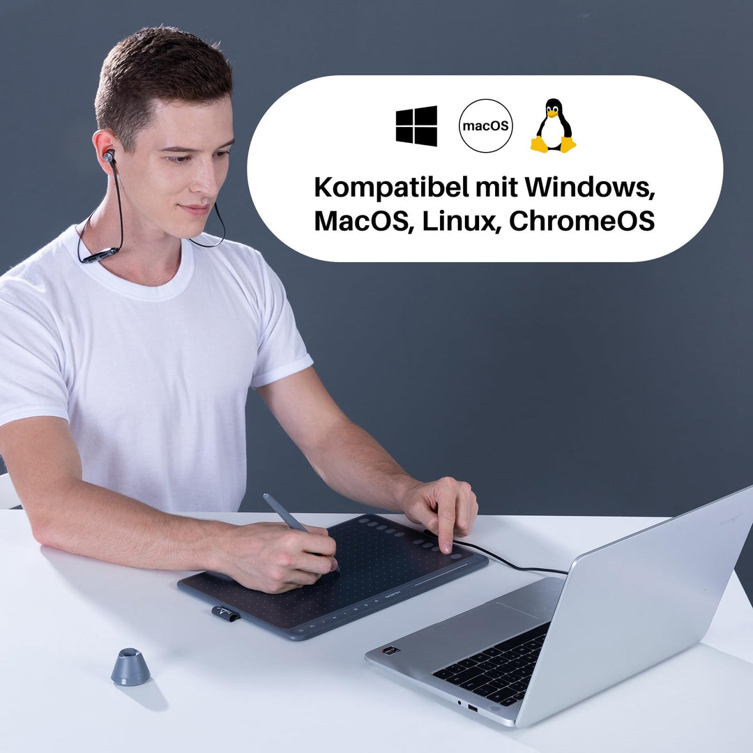 Grafiktablett 10x6 Zoll mit Multimedia-Tasten, 8192 Druckstufen, Grau - Bild 6