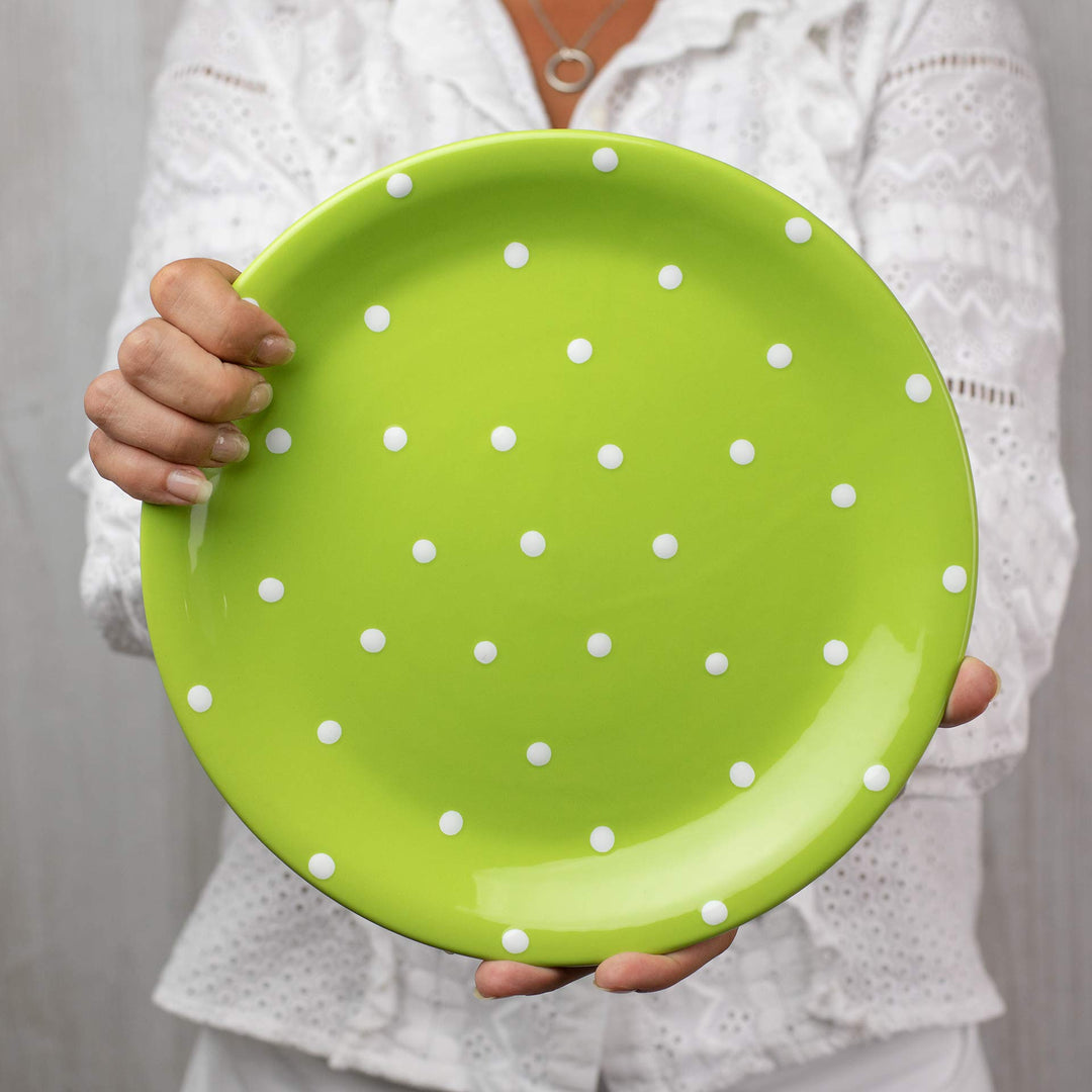 Keramik Speiseteller 25,5 cm Grün Weiss Polka Dots handgemacht - Bild 4