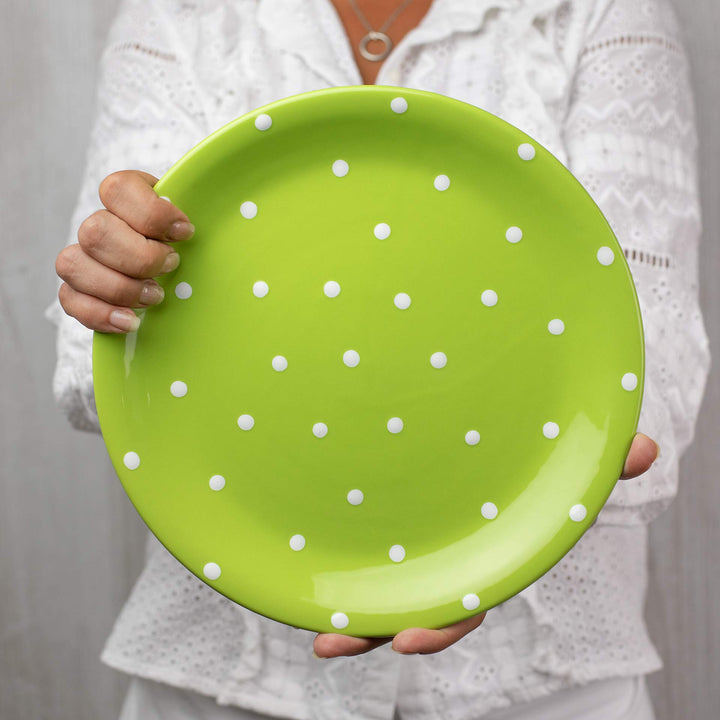 Keramik Speiseteller 25,5 cm Grün Weiss Polka Dots handgemacht - Bild 4