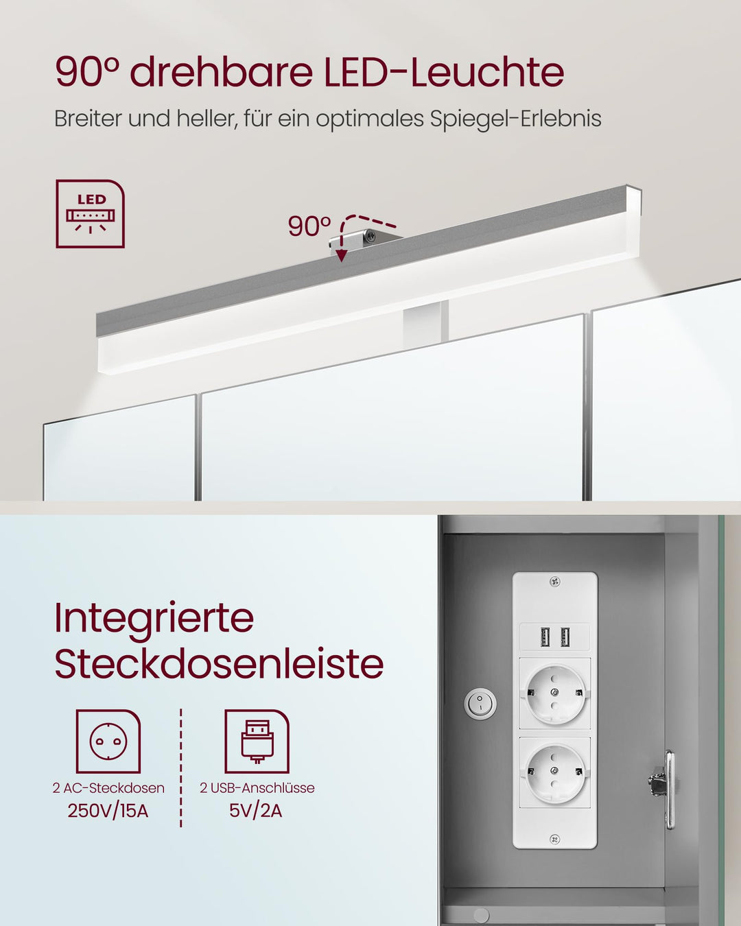 Spiegelschrank Bad mit LED-Beleuchtung 3 Türen Steckdose USB - Bild 5