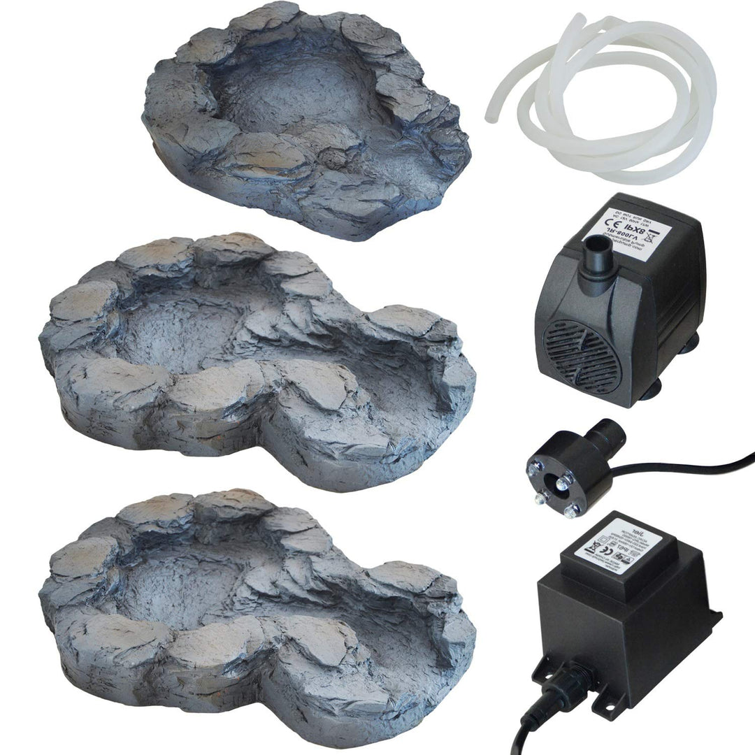 Kaskaden-Gartenbrunnen 3-teilig Polyresin mit LED und Pumpe