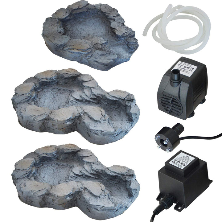 Kaskaden-Gartenbrunnen 3-teilig Polyresin mit LED und Pumpe