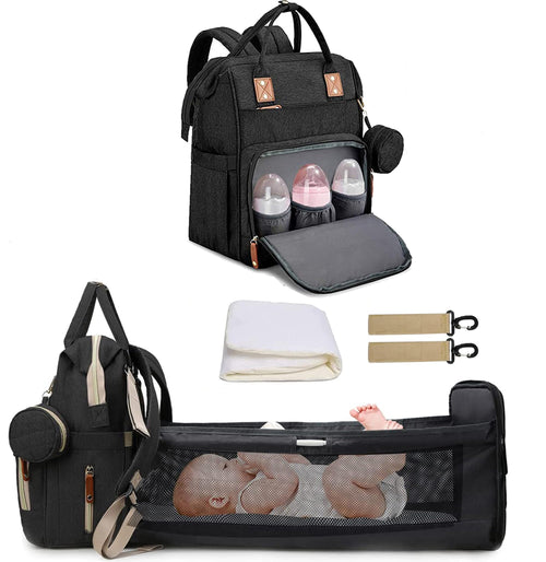 Wickelrucksack mit faltbarem Babybett 12L schwarz 14 Taschen