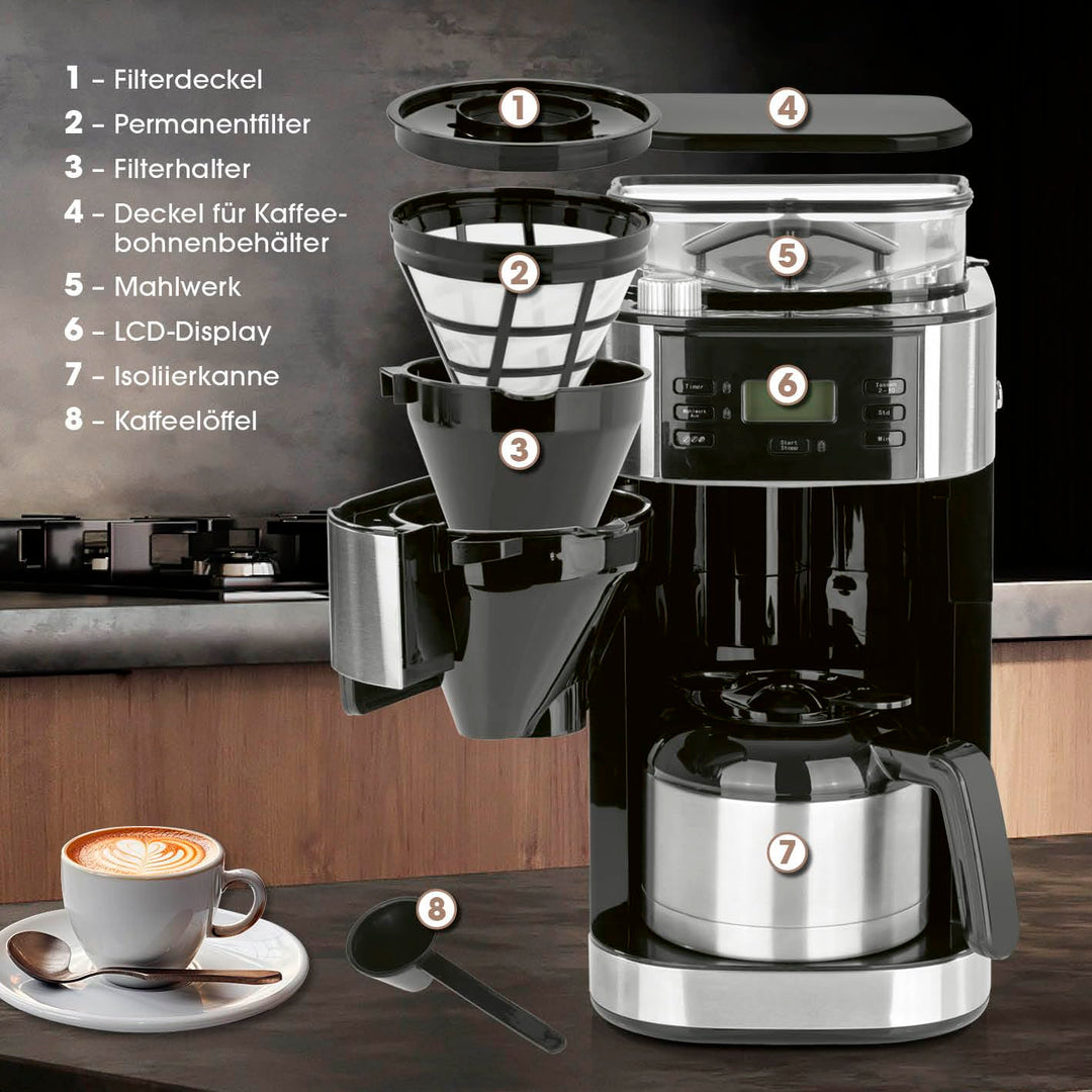 Filterkaffeemaschine mit Kegelmahlwerk Edelstahl 10 Tassen Timer - Bild 5