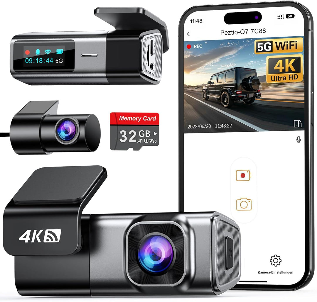 Dashcam vorne hinten 4K+1080P mit 5GHz WiFi und 32GB SD-Karte