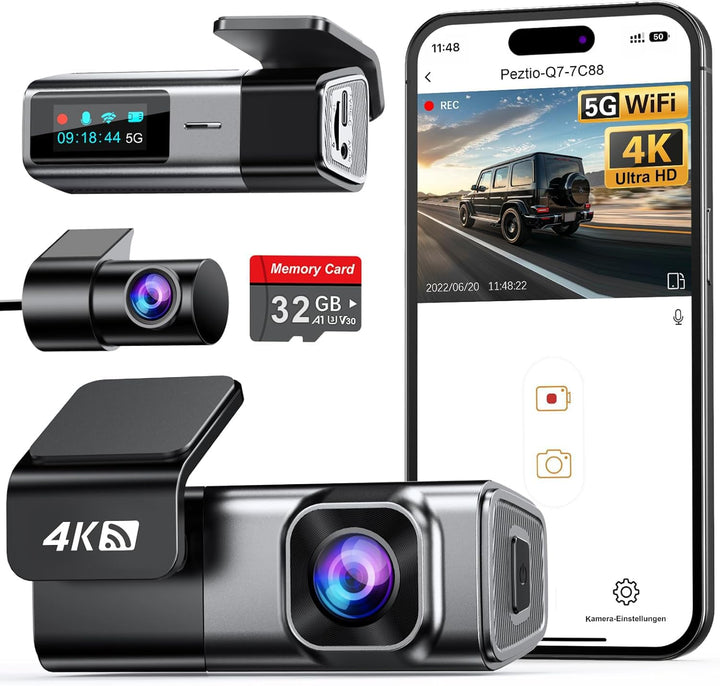 Dashcam vorne hinten 4K+1080P mit 5GHz WiFi und 32GB SD-Karte