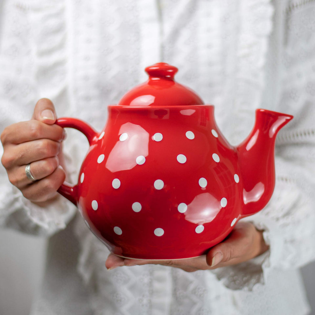 Teekanne Keramik 1,7 L Rot-Weiss Polka Dots handgemacht für 4-6 Tassen
