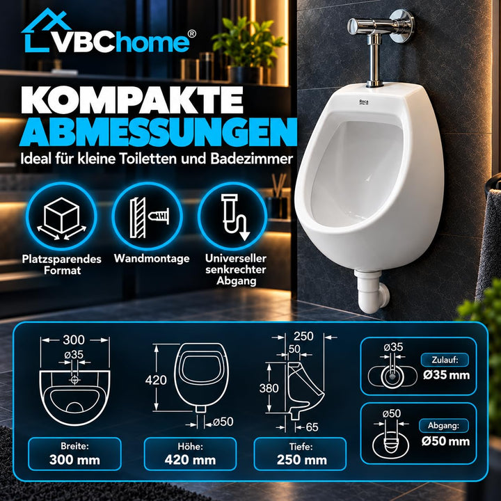 Wand-Urinal Keramik Mini mit Druckspüler und Siphon Weiß - Bild 5