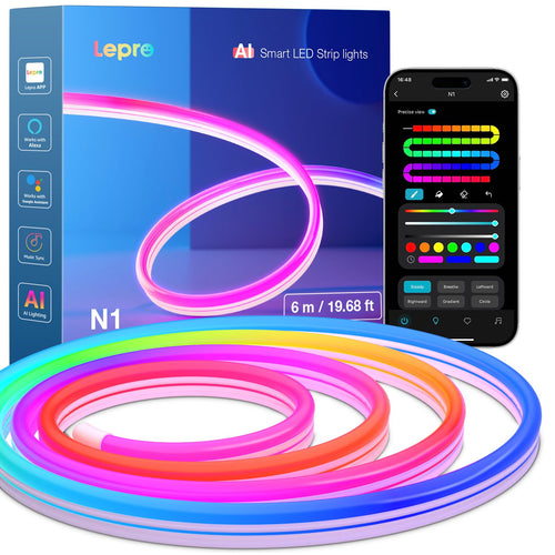 Neon LED Streifen 6m RGB mit KI-App & Musiksync, mehrfarbig