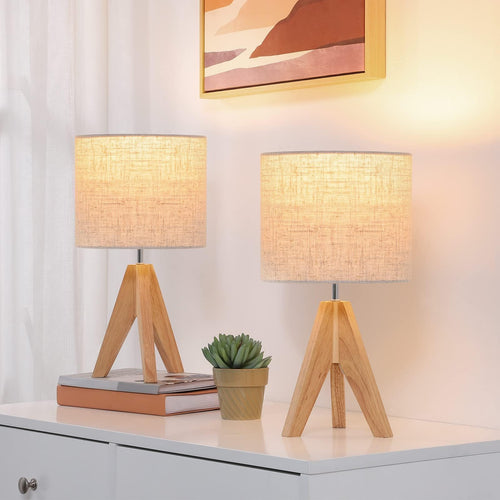 Tischlampe Holz 2er Set Leinen-Lampenschirm Beige 36cm E27