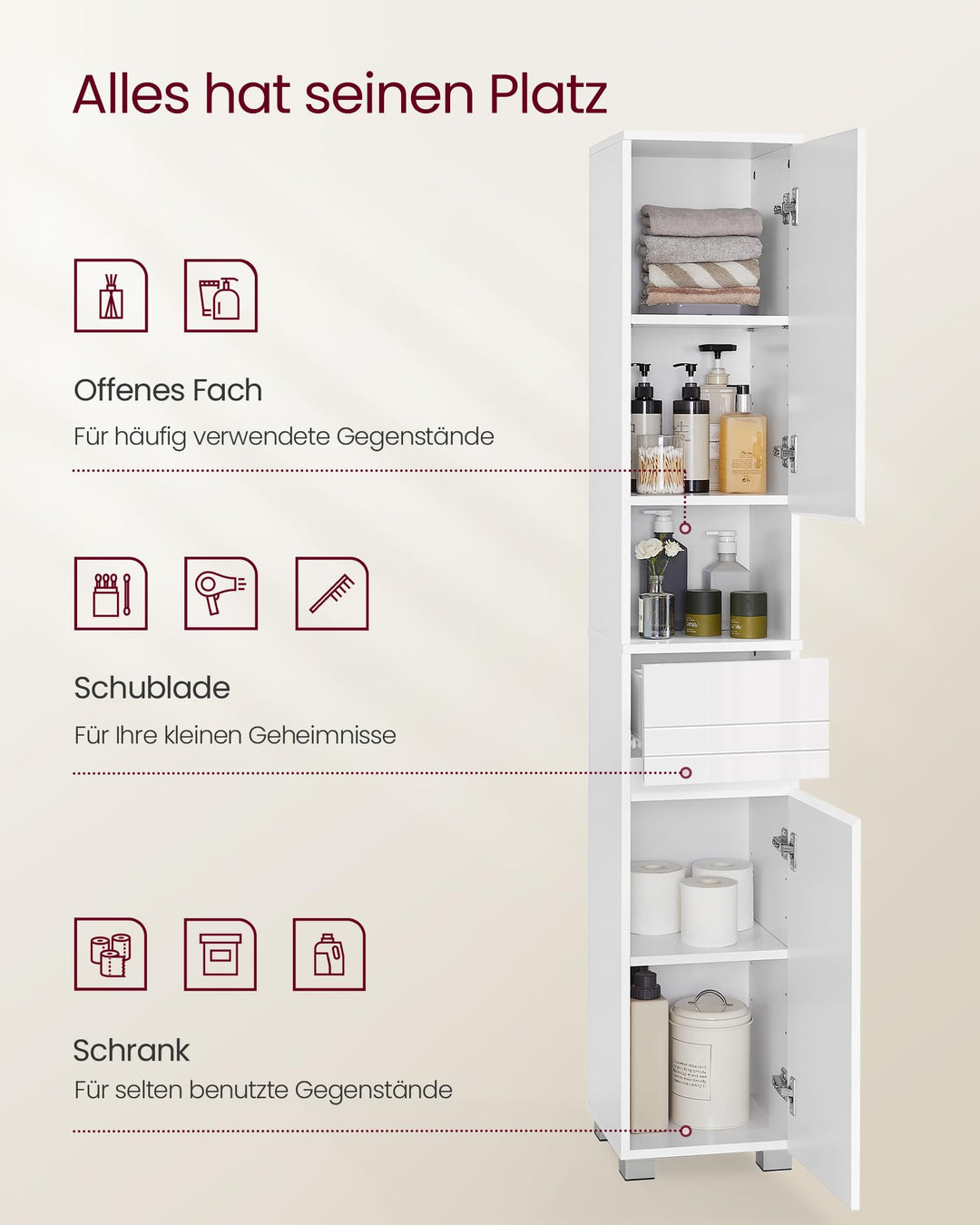 Badezimmerschrank MDF 30x30x170 cm mit Schublade, weiss