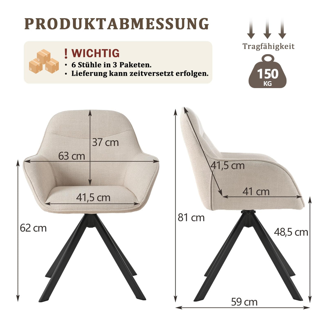 Esszimmerstuhl Drehbar 360° mit Armlehne Leinen Beige 6er Set - Bild 2