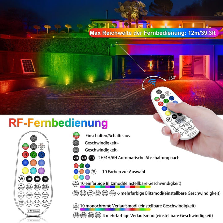 Solar Gartenleuchte RGB+Weiss 600lm IP66 mit Fernbedienung - Bild 4