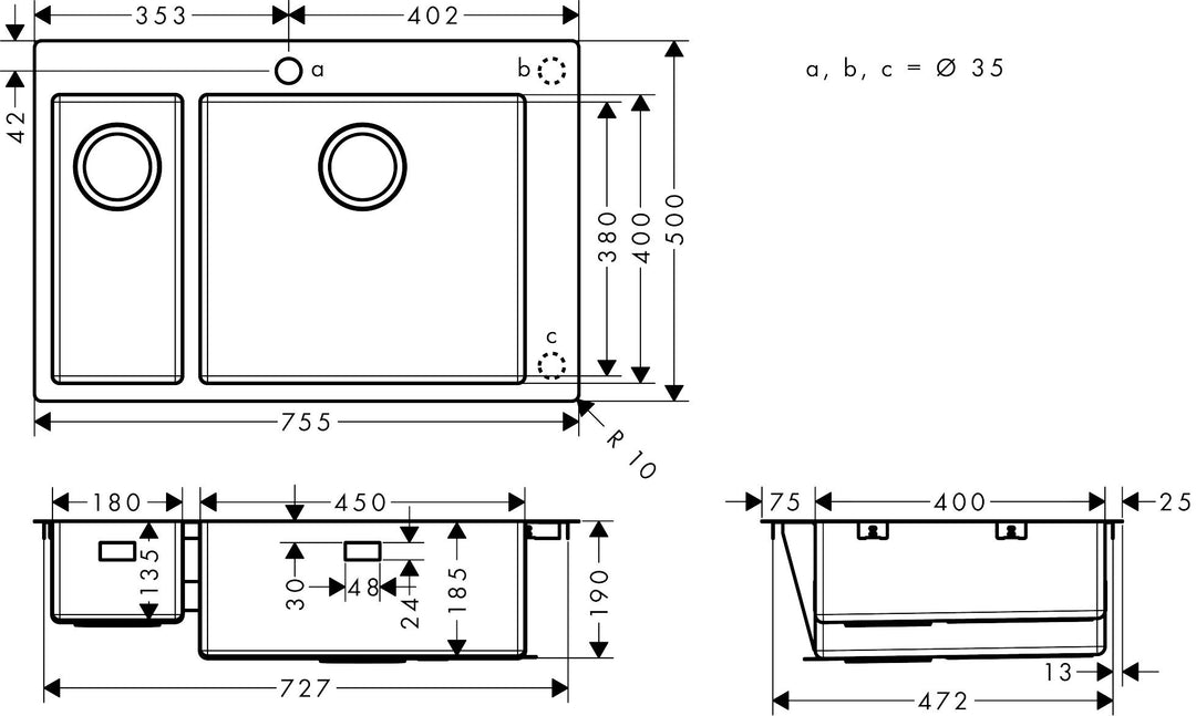 Edelstahl-Einbauspüle Doppelbecken 180/450 mm für 80 cm Unterschrank - Bild 3