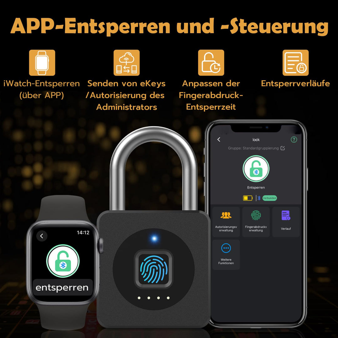 Vorhängeschloss Fingerabdruck &amp; App-Steuerung Aluminium wetterfest - Bild 3