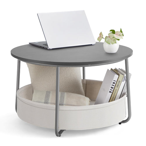 Couchtisch rund mit Stoffkorb 57,7 L, Metallgestell zementgrau