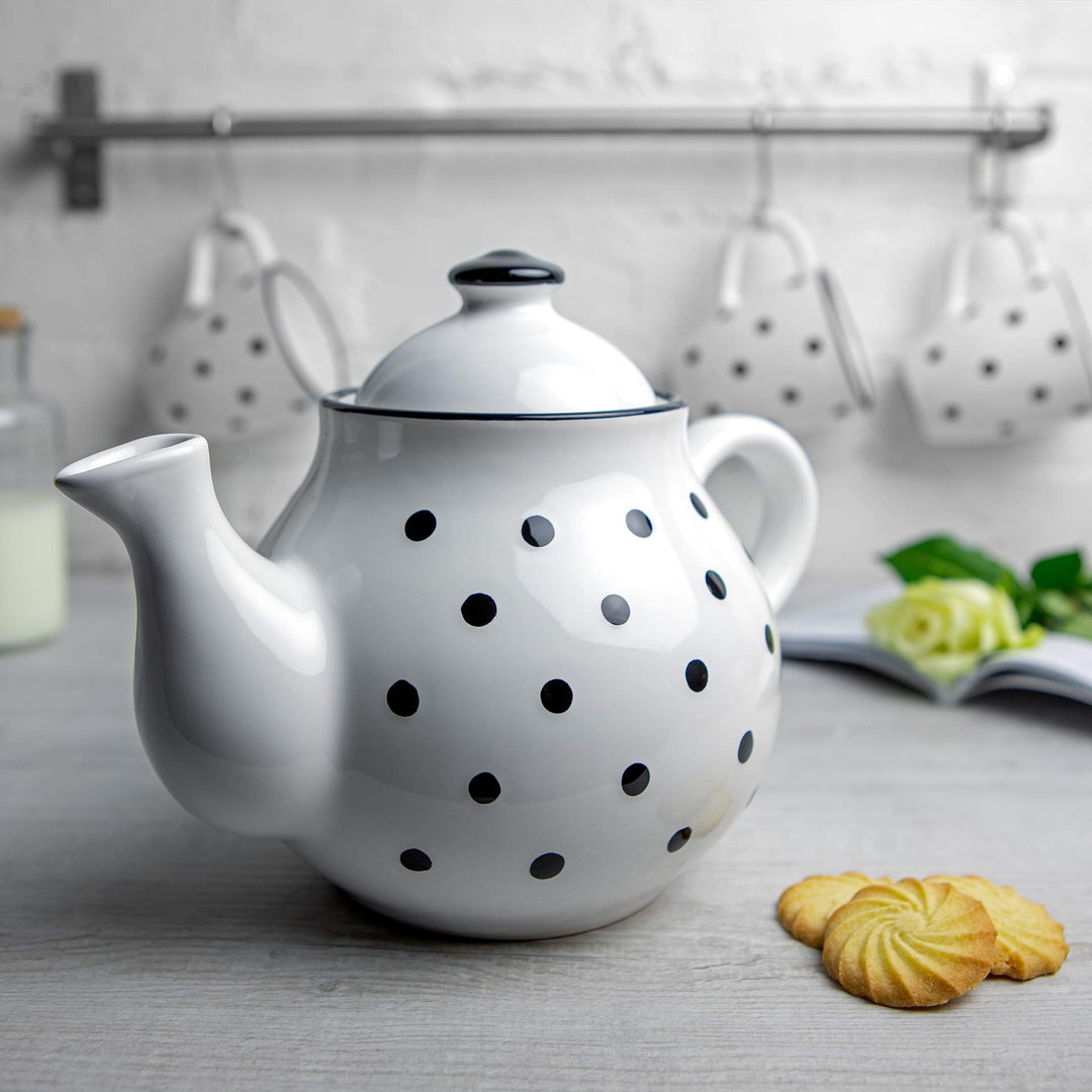 Teekanne Keramik 1,7 Liter Weiss Schwarz Polka Dots handgemacht - Bild 4