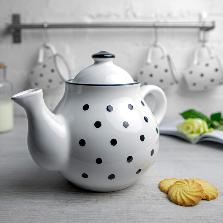Teekanne Keramik 1,7 Liter Weiss Schwarz Polka Dots handgemacht - Bild 4