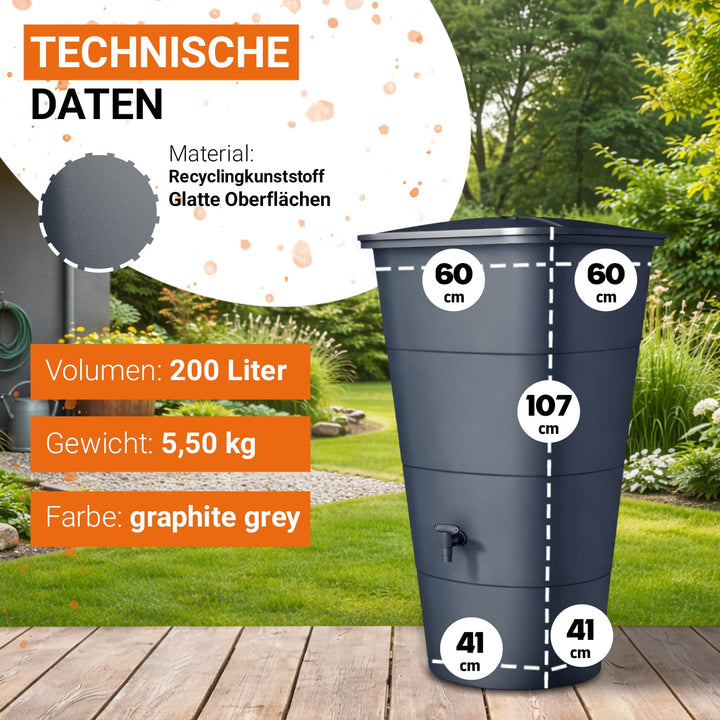 Regentonne eckig 200 Liter Graphite Grey mit Deckel und Hahn - Bild 3