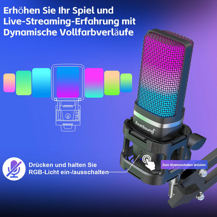 USB-Kondensatormikrofon Set mit Schwenkarm, Stativ &amp; RGB für Podcast - Bild 4