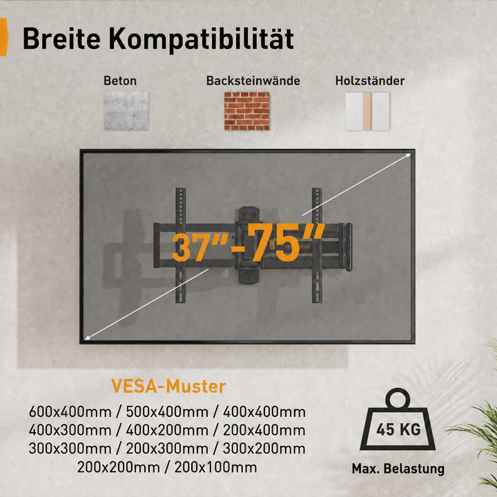 TV Wandhalterung Eck Langarm schwenkbar 37-75 Zoll bis 45 kg - Bild 2