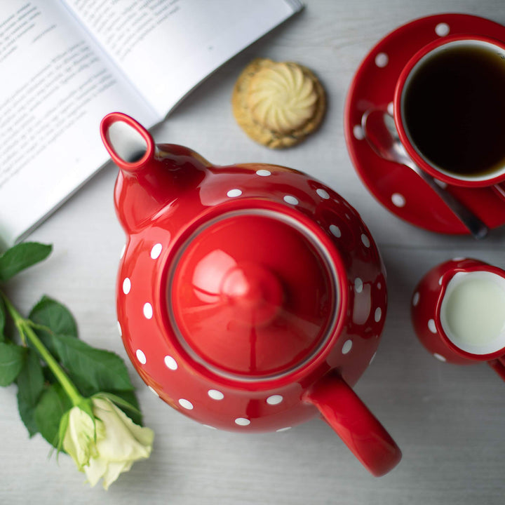 Teekanne Keramik 1,7 L Rot-Weiss Polka Dots handgemacht für 4-6 Tassen - Bild 3