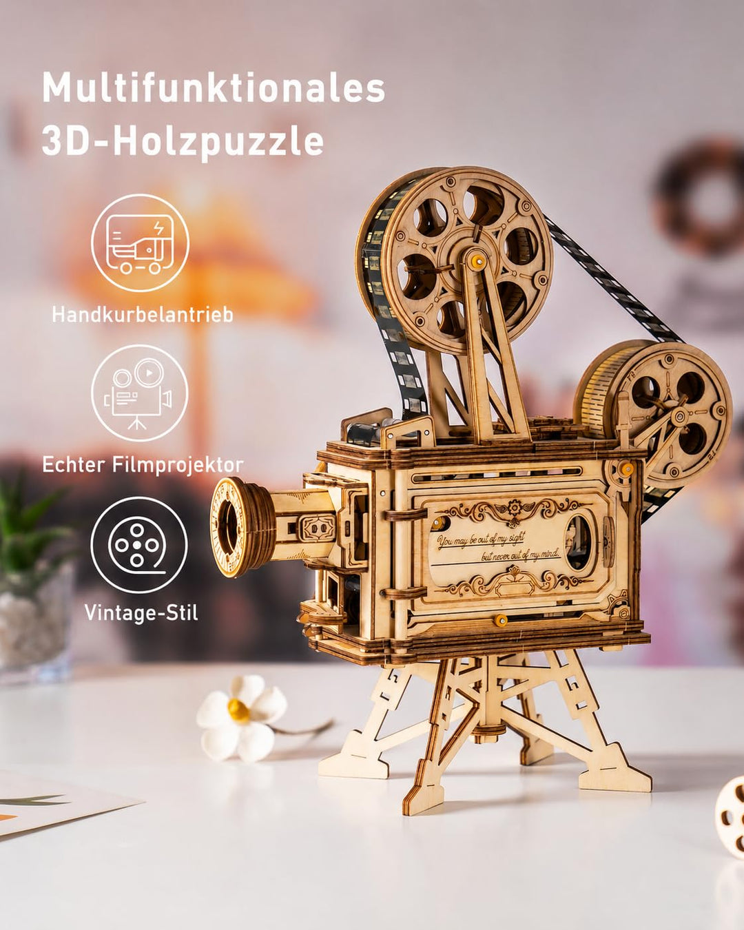 Holzmodell Filmprojektor mit Handkurbel Vintage-Mechanik 172 Teile - Bild 4