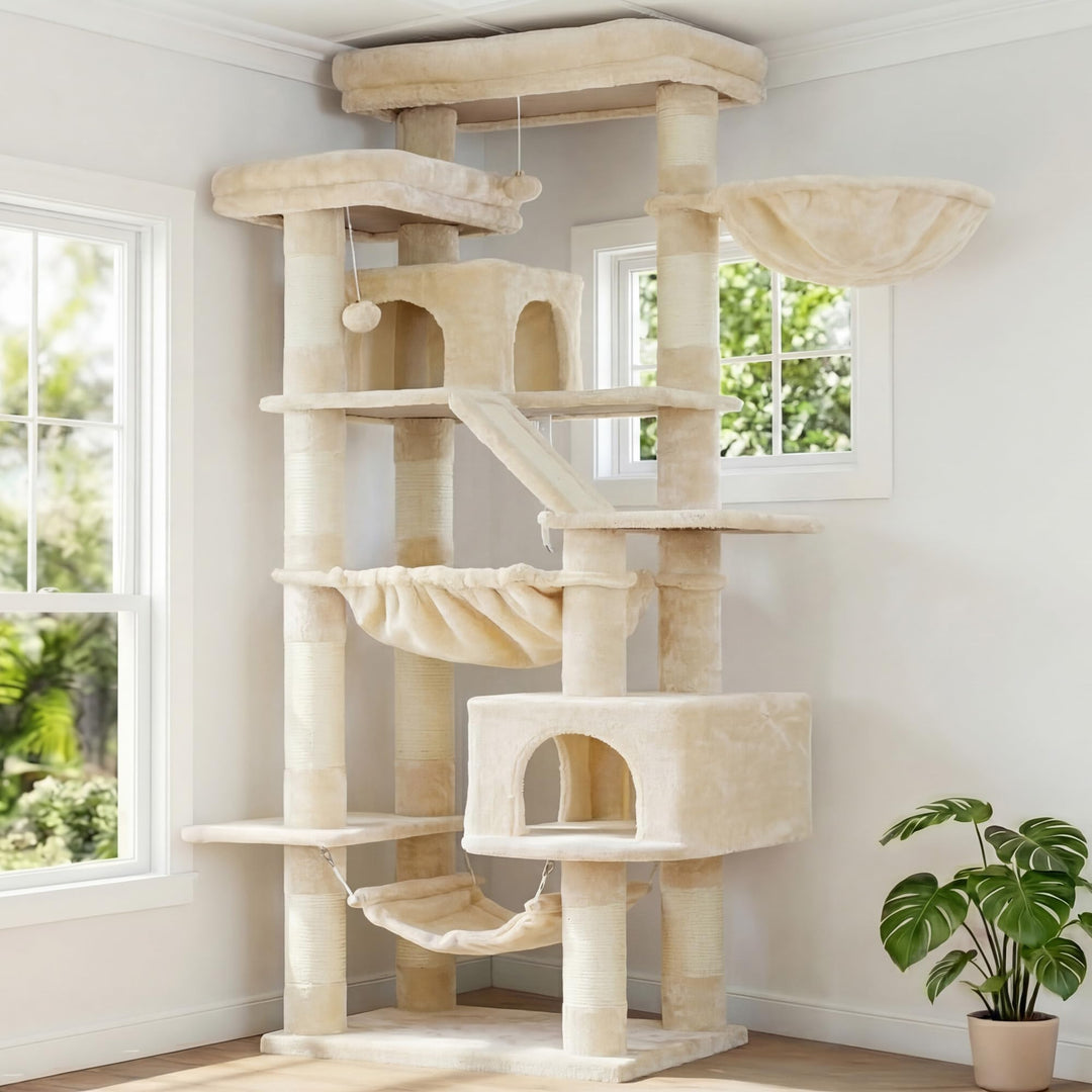 Katzenbaum 180 cm mit 2 Höhlen, Hängematte &amp; Kratzbretter beige