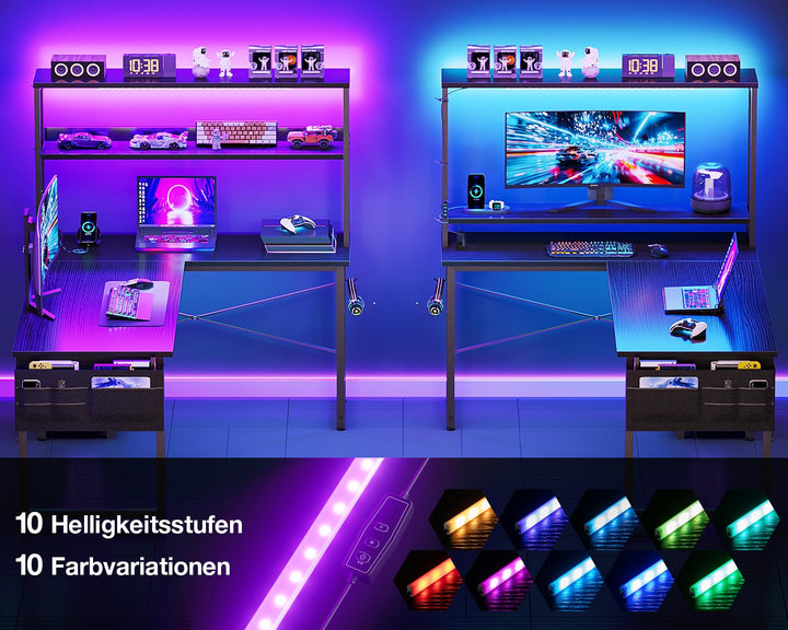 Gaming Tisch L-Form mit RGB-LED und Regal 110×80 cm Schwarz - Bild 4