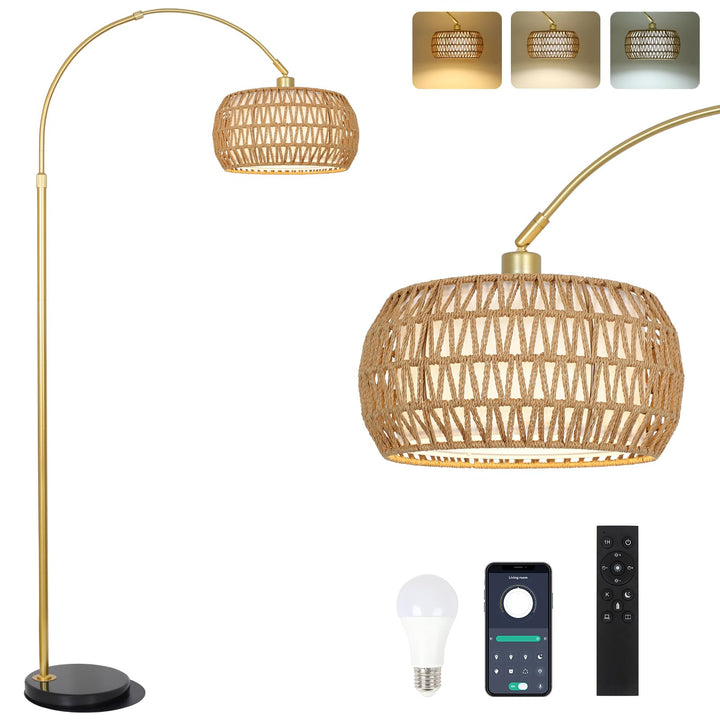 Bogenlampe Rattan Stehlampe dimmbar mit Fernbedienung App gold