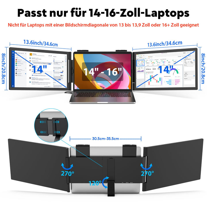 Triple Portable Monitor 14 Zoll FHD 1080P USB-C für Laptops 14-16" - Bild 2