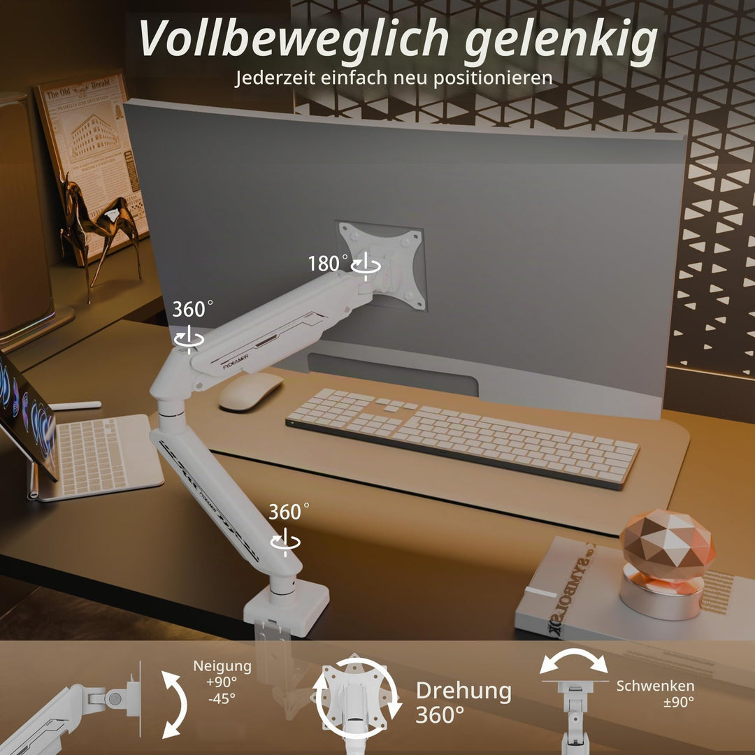 Monitorarm Gasfeder 17-35 Zoll bis 11 kg mit Kabelmanagement, Weiss - Bild 4