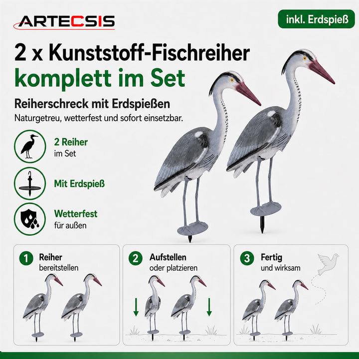 Fischreiher Attrappe 70 cm Kunststoff mit Erdspieß 2er-Set Teichschutz - Bild 6