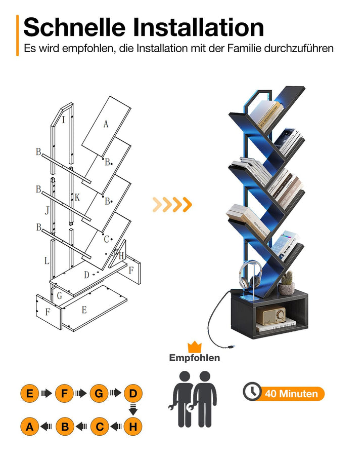 Standregal Baumform 6 Ebenen 110cm Holz und Metall Schwarz