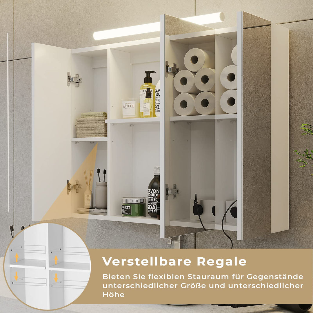 Spiegelschrank Bad mit LED-Beleuchtung 3 Türen Weiss 80x60x16cm - Bild 6