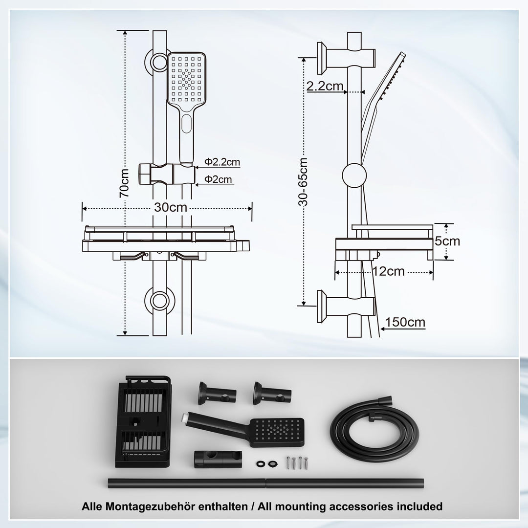 Duschstange mit Handbrause Edelstahl 70 cm Matt Schwarz 3 Strahlarten - Bild 7