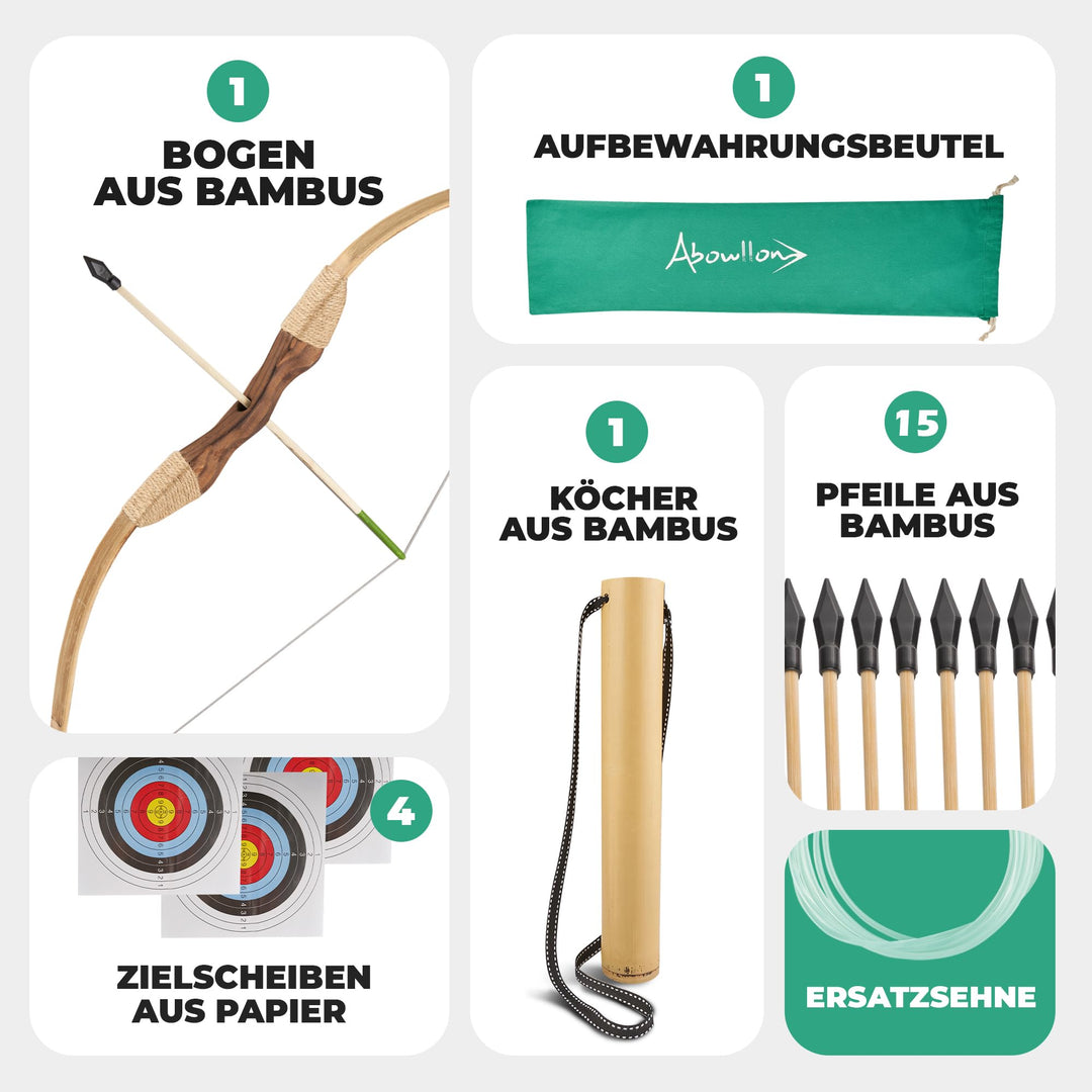 Pfeil und Bogen Set Kinder Bambus 85cm mit 15 Pfeilen und 4 Zielscheiben - Bild 5