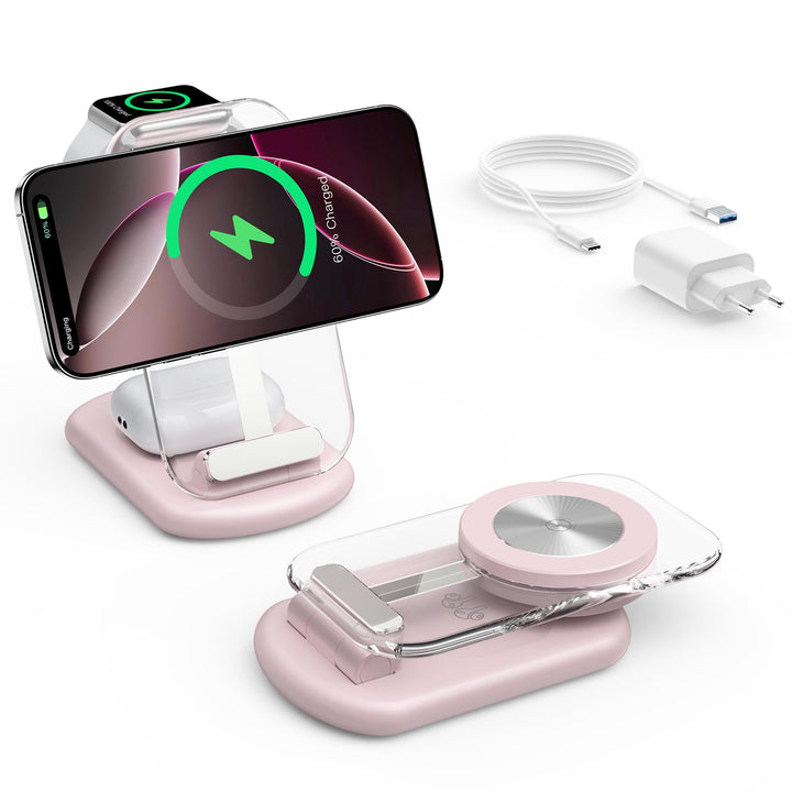3-in-1 Ladestation Wireless MagSafe-kompatibel Faltbar Rosa