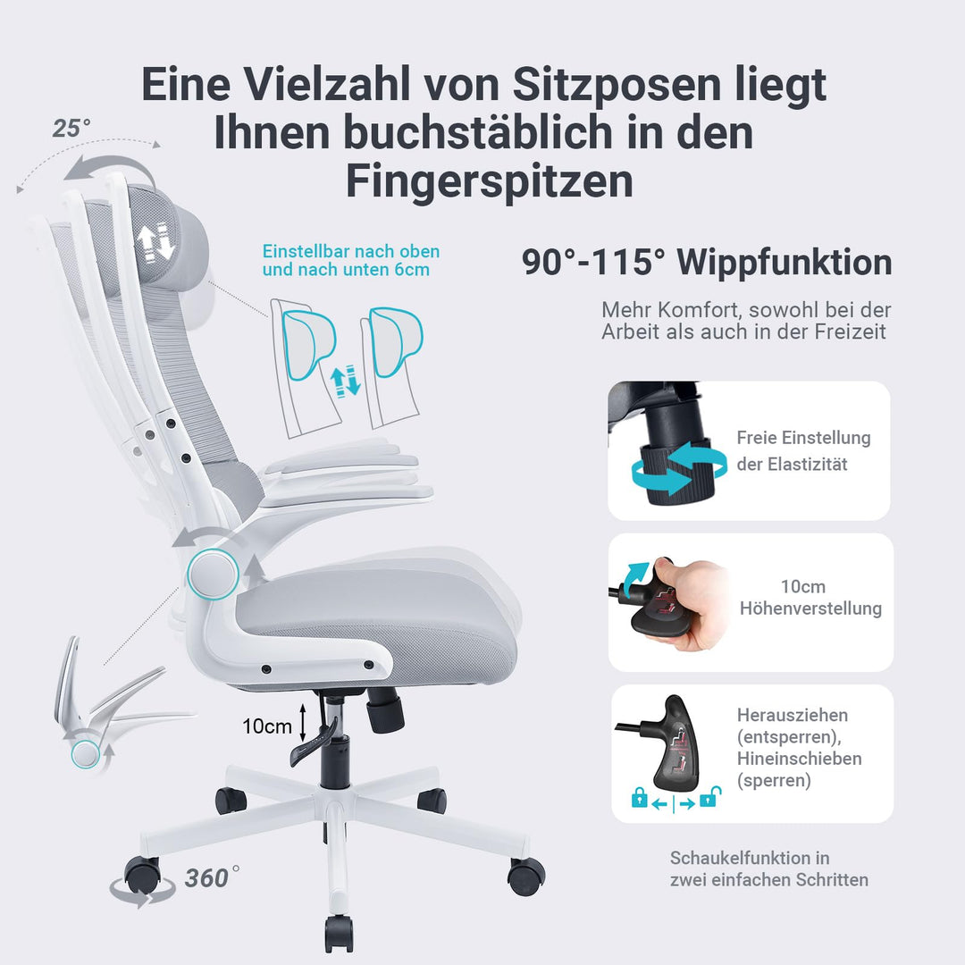Bürostuhl Ergonomisch EN 1335 mit klappbaren Armlehnen Grau